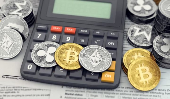 Calculator, cryptocurrency tax reporting sheet, and various cryptocurrencies are illustrated as physical coins