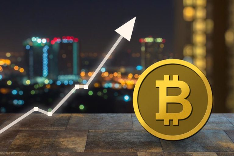 Bitcoin physical coin with sky line city in the background and white stock arrow facing upwards