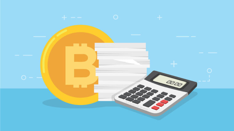 Physical illustration of Bitcoin (BTC), tax report sheets, and calculator