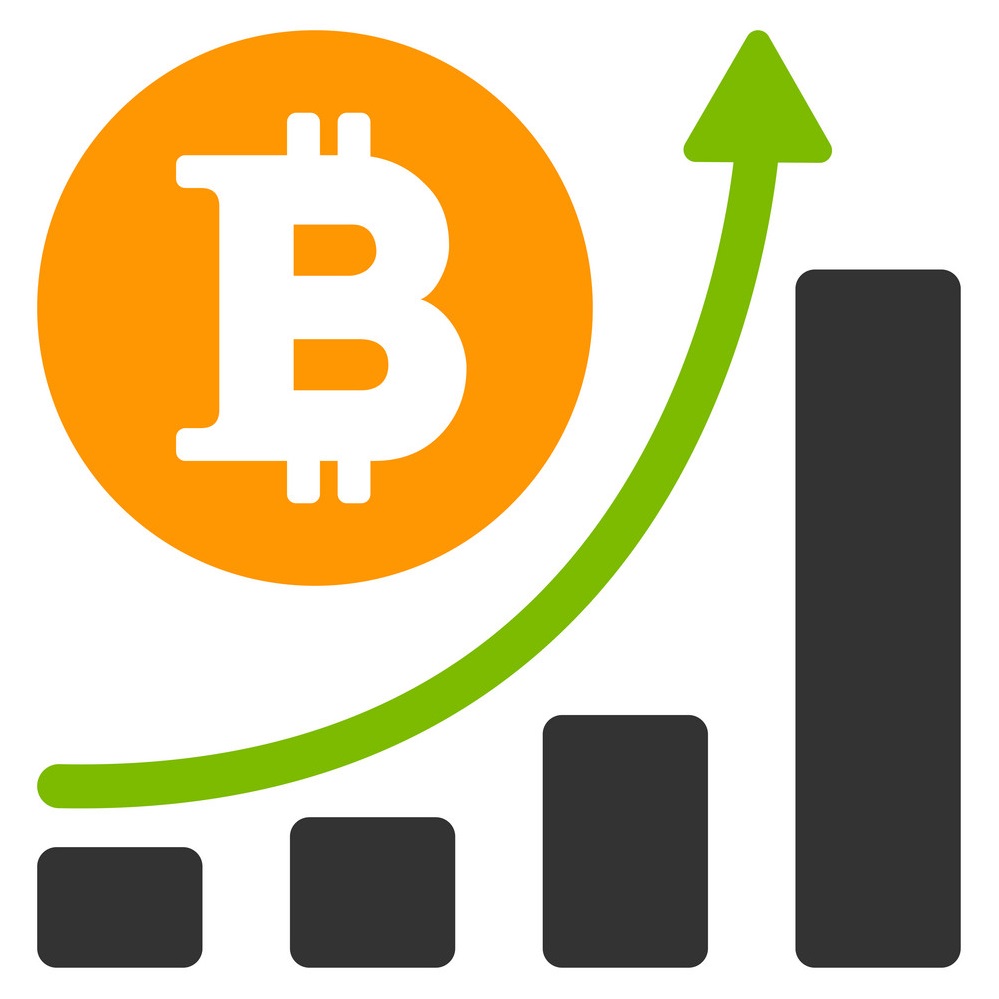 bitcoin logo with a green arrow showing a positive trend
