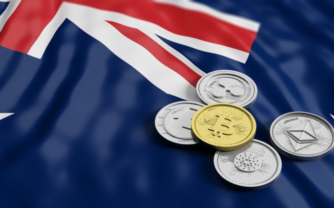Various cryptocurrencies are illustrated as physical coins with the national flag of Australia on the background