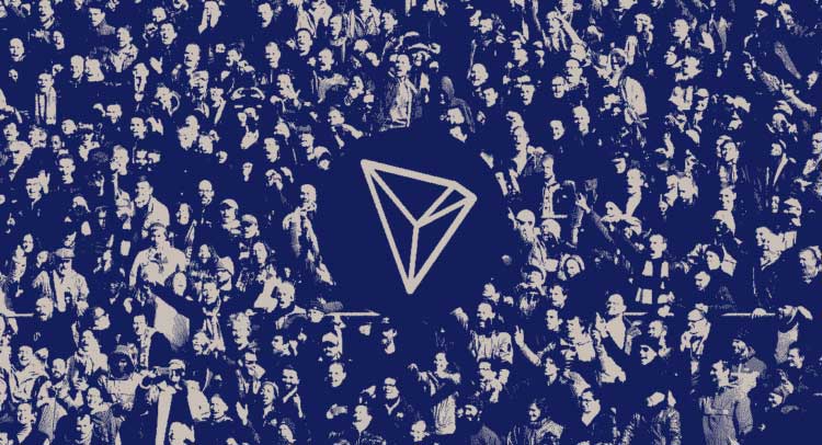 The logo of Tron (TRX) illustrated with blue color and people on the background