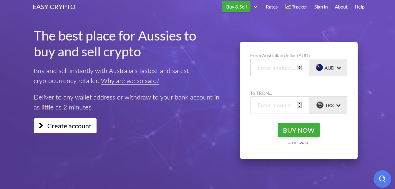 The front page of Easy Crypto Australia (AU) website, the place to buy Tron (TRX) with AUD