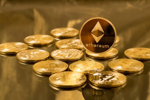 Ethereum tokens are illustrated as physical gold coins